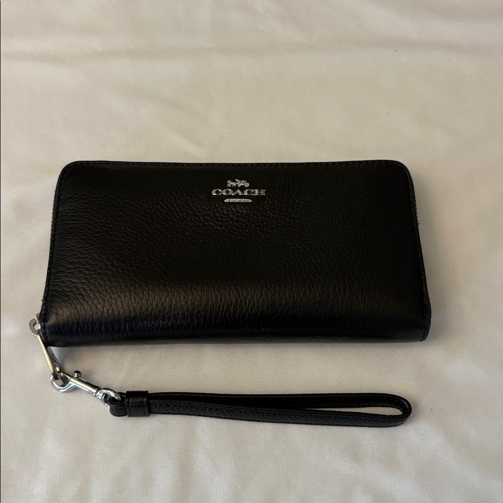 Coach Long Zip Around Wallet in Black Pebbled Leather